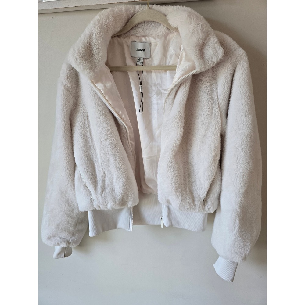 Jason Wu Women Cream Faux Fur Bomber Jacket Zip Up Off White Size M NEW